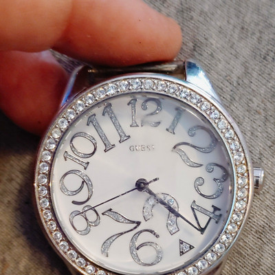 GUESS Women's Rhinestone Bezel Silver Analog Watch with White Leather Strap