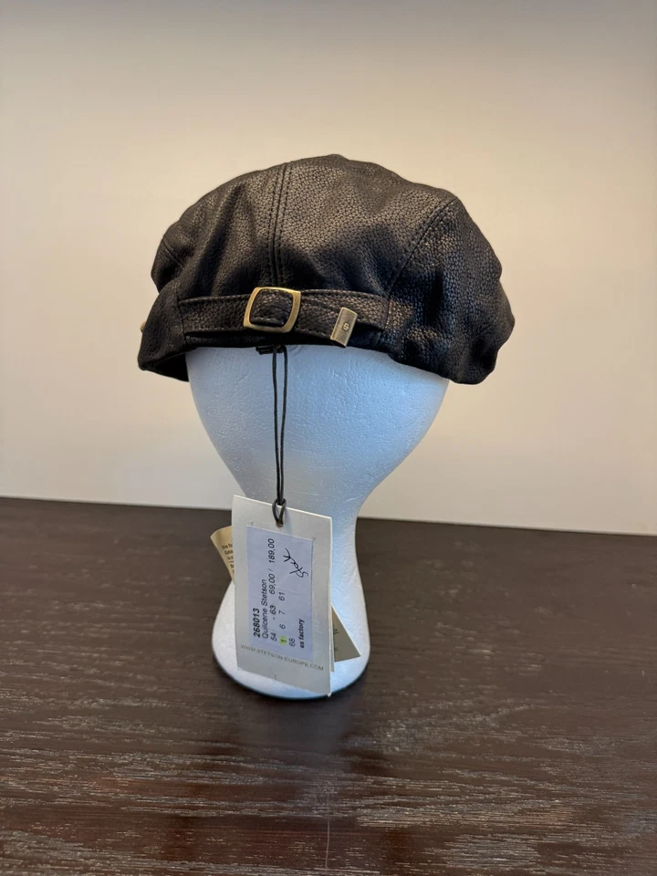 Sombrero Stetson Para Hombres 59 Cuero Negro Quilcene Newsboy Gorra Plana Hecho en Alemania Foto 4 de 4