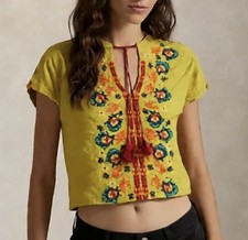 Natural Life Sz M Yellow Colorful Embroidered Tunic Top Boho Festival Artsy Airy