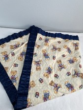 Vintage Handmade Teddy Bear Blocks Quilt Blanket Satin Edge