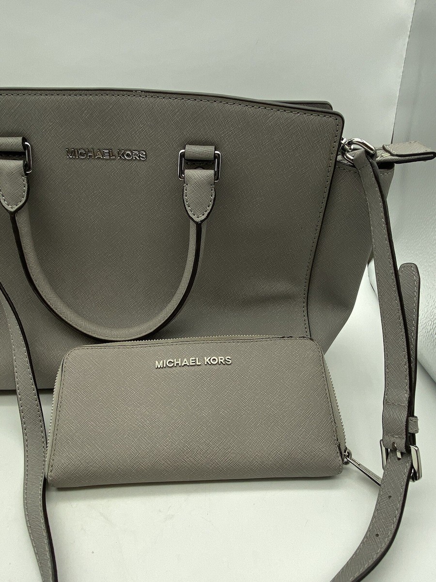 Michael Kors SELMA Gray Saffiano Leather Zip Top Shoulder Bag