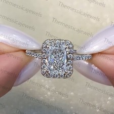 2.43 TCW Radiant Moissanite Soft Halo Engagement Rings In 14k White Gold Plated