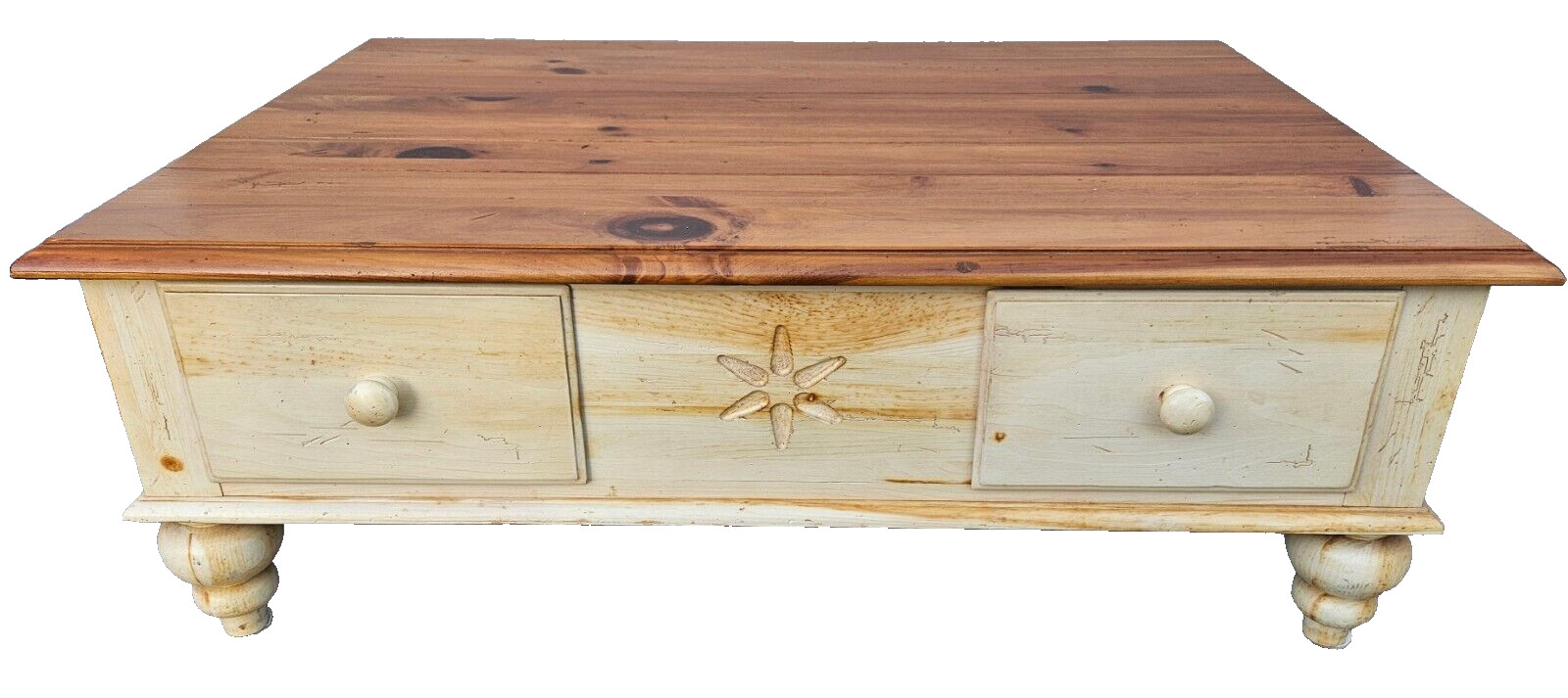 Ethan Allen Knotty Pine Farmhouse Distress Country Coffee Table with storage