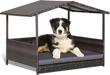 Wicker Dog House, Raised Rattan Dog Bed with Waterproof Roof, Washable Cushion C