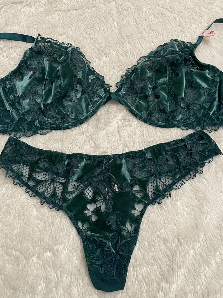 $109 VICTORIA'S SECRET Corte Bajo Demi Ziggy Sujetador Tanga Conjunto Panty 38DD L Malla Terciopelo Foto 3 de 3