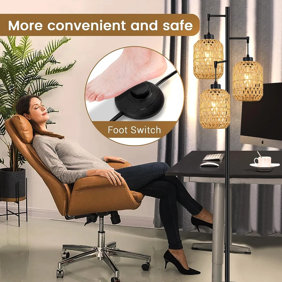 Lámpara de pie para sala de estar, dormitorio, árbol de ratán boho 3 luces lámpara de piso de granja Foto 4 de 4