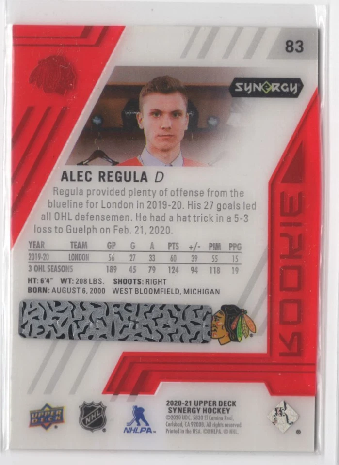 2020-21 Upper Deck Synergy Red Alec Regula Chicago Blackhawks #83 - Image 2 of 2