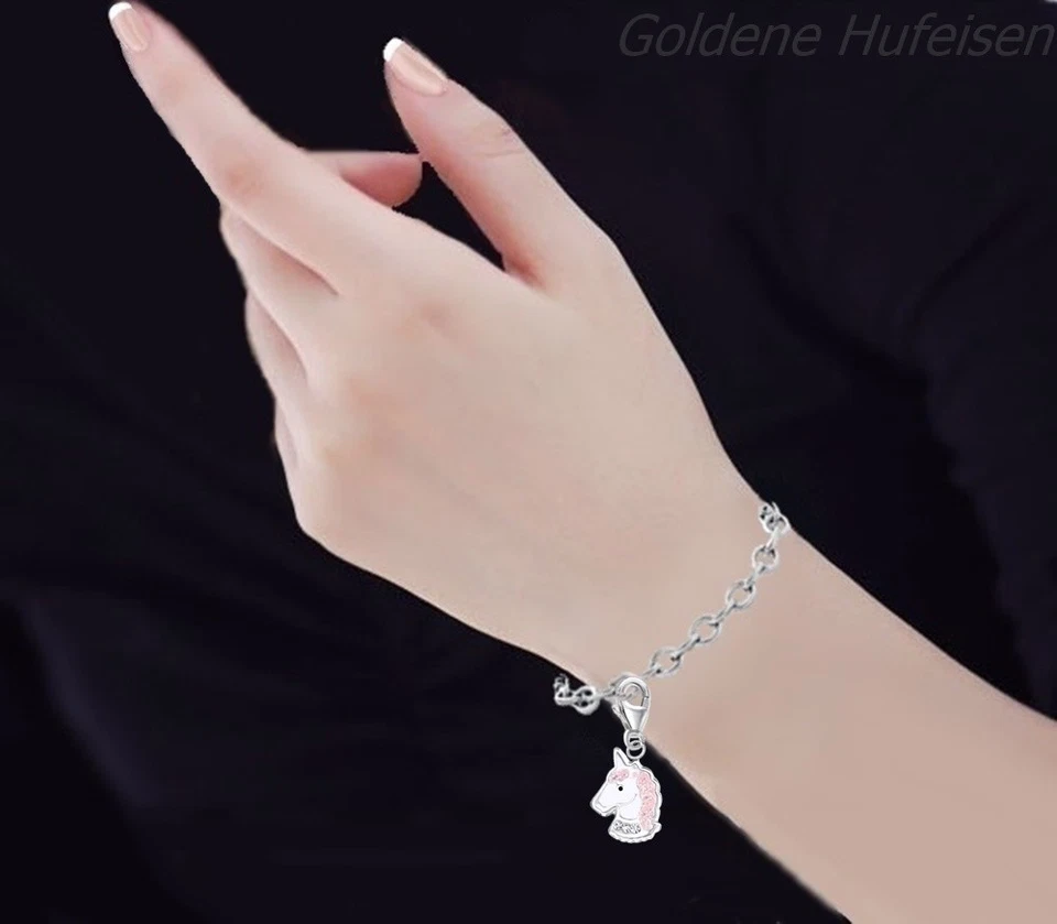 Rosa Glitzer Kristall Einhorn Charm Anhänger 925 Silber Mädchen Kinder Pferd - Bild 2 von 3