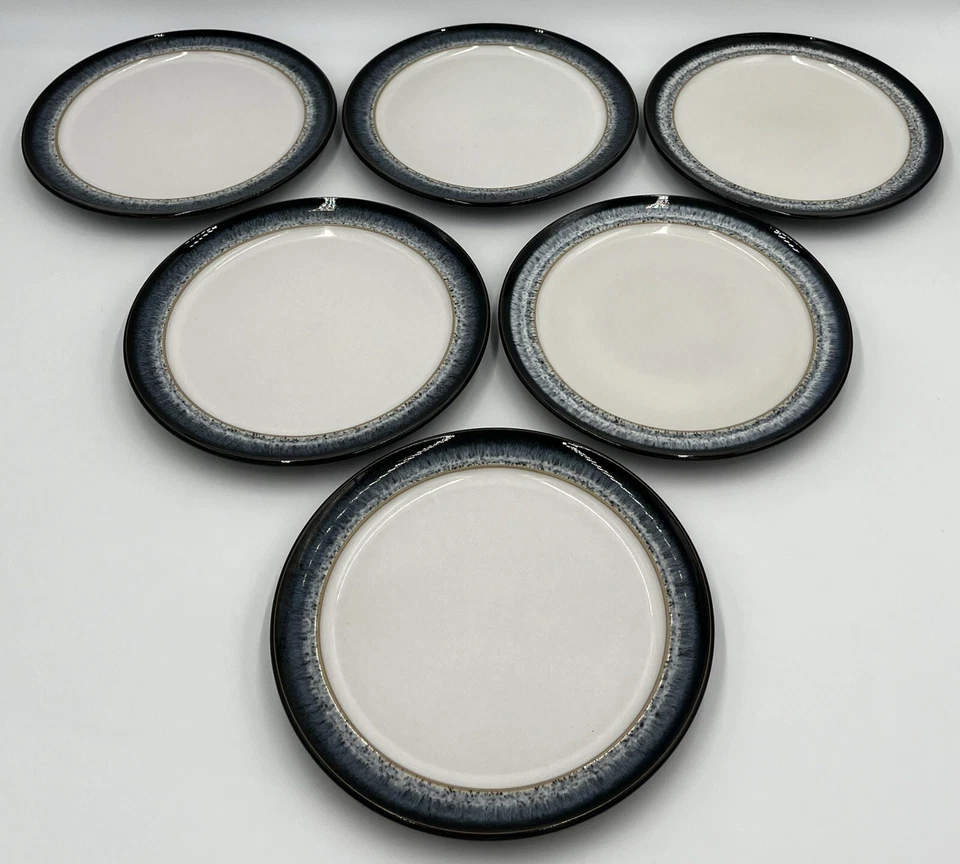 "Juego de 6 platos de pan Denby-Langley Halo 8"" azul negro moteado aperitivo postre" Foto 2 de 4