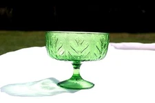 Vintage Green Glass Compote FTD Stamp  Oak or Fig Leaf  