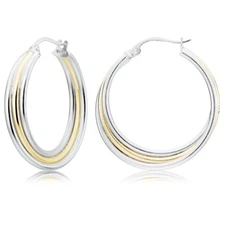 Sterling Silver Two-Tone Triple Row Twisted Round Hoop Earrings