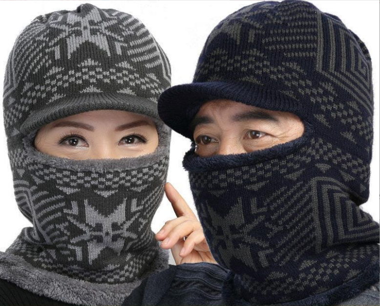 Winter Women Bib Beanie Hat with Brim Pom Bobble Scarf Mask Set Knitted  Warm Cap