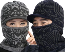 Winter Women Bib Beanie Hat with Brim Pom Bobble Scarf Mask Set Knitted Warm Cap