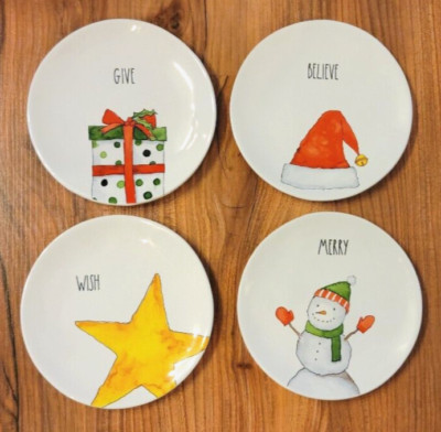 4 RAE DUNN Christmas 6'' Plates MERRY WISH BELIEVE GIVE 6  Magenta NWOT Dessert