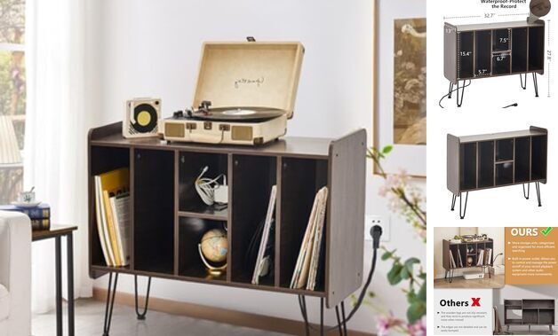 Alessing Large Record Player Stand, Record Player Stand with Vinyl Storage,