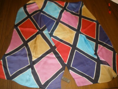 ECHO 100% Silk scarf Blue with Multicolor Squares 58'' x 15''   