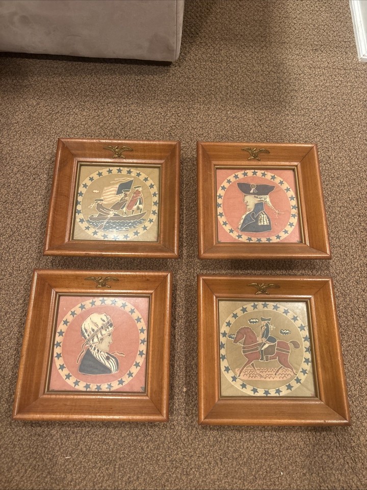 Vintage Americana Quilted Fabric Wall Art Set of 4 Colonial Wood Brass Eagle 70s