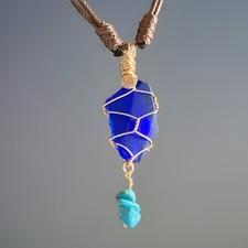 Cobalt Blue Sea Glass Turquoise Necklace Handmade Wire Wrapped Pendant