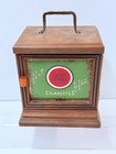 VTG LUCKY STRIKE WOOD CIGARETTE BOX W/TIN AD INSERT & BUTTERSCOTCH BAKELITE KNOB