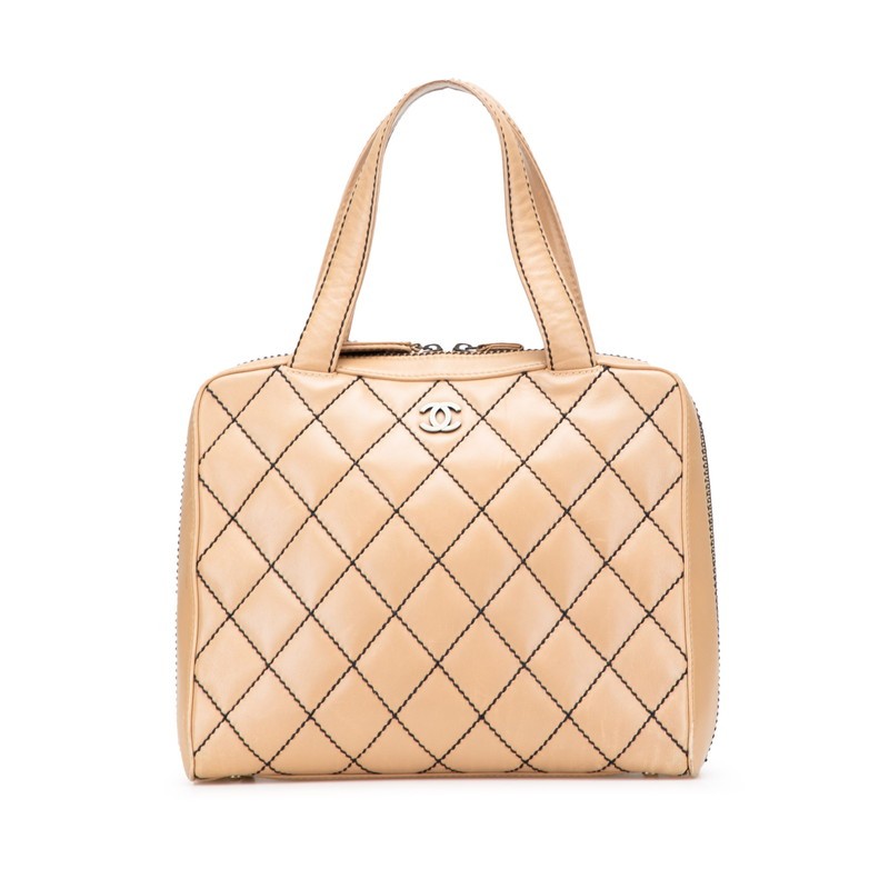 CHANEL Wild Stitch Coco Mark Leather Tote Bag Beige Black Pre-Owned Women Handbag