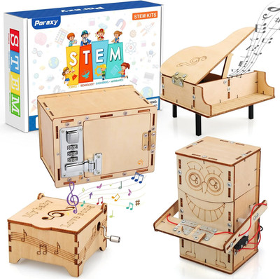 Juego de 4 Kits STEM para Ninos de 8-13 Anos Caja de Musica Robot y Puzzle en 3D
