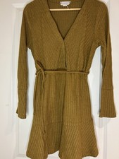 Women’s Gold Knee Length Ribbed Knit Faux wrap Dress Belted Size L 40’s Retro 