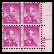 US Scott # 1036, Abraham Lincoln, Plate Block of (4) 1954 4¢ Stamps, MNH