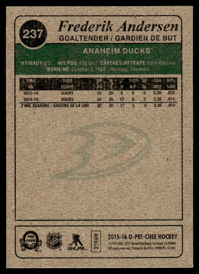 2015-16 O-Pee-Chee Retro Frederik Andersen Anaheim Ducks #237 - Image 2 of 2