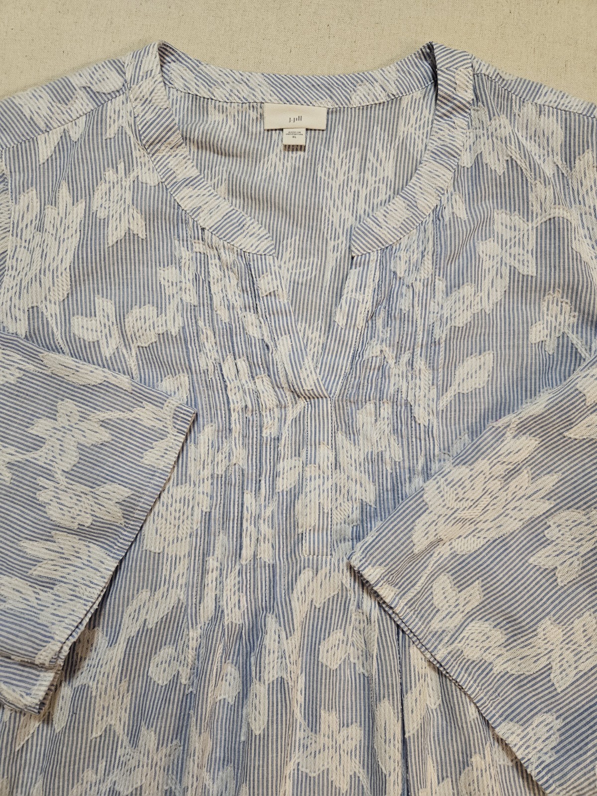 J Jill Womens XL Lightweight Boho Blouse Semi Sheer Front Pleats Relaxed Cotton