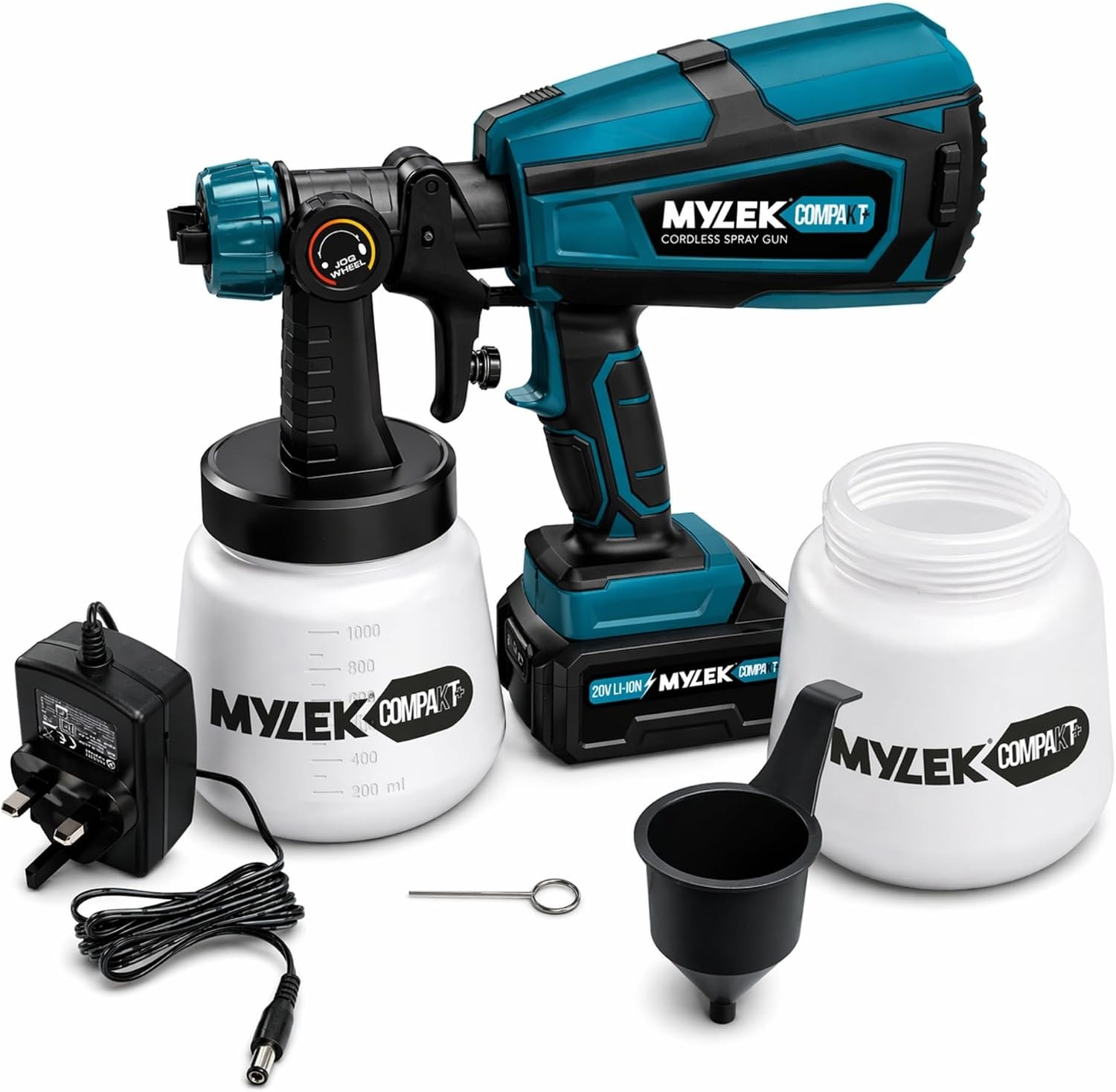 MYLEK Cordless Paint Sprayer Gun Kit - Green - 18V Lithium-Ion Battery - 3 Spray Patterns - 1000ml Cups - Quick Charge - Image 5