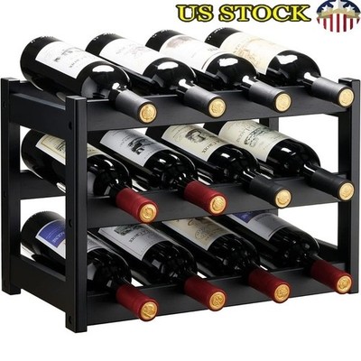 Natural Bamboo Wine Rack 12 Bottle Storage Display Modern Countertop Organizer