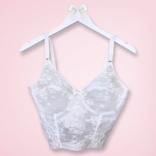 Lady Marlene Vintage Longline Bustier 36C White Lace, Sheer Panels, Structured