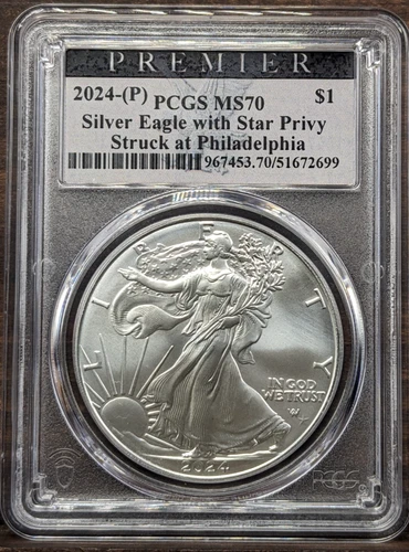 2024 Silver Eagle PCGS MS70 Star Privy Struck at Philadelphia Premier Label