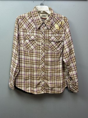 C.E. Schmidt Workwear Shirt Womens Large Brown Purple Plaid Pearl Snap Western