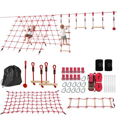 Ninja Line Kinder 10m Slackline Set mit Turnringe, Schaukel, Kletterleiter, Rot