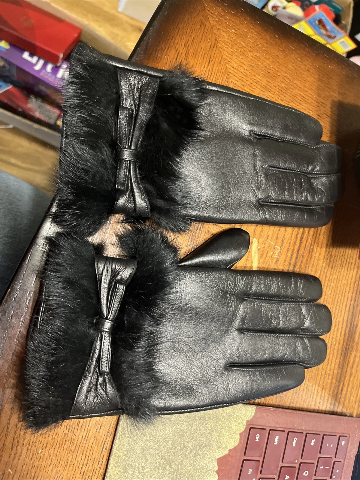 GSG Black Lambskin Gloves, Rabbit Fur Cuffs, Size - 7 Wool Lined