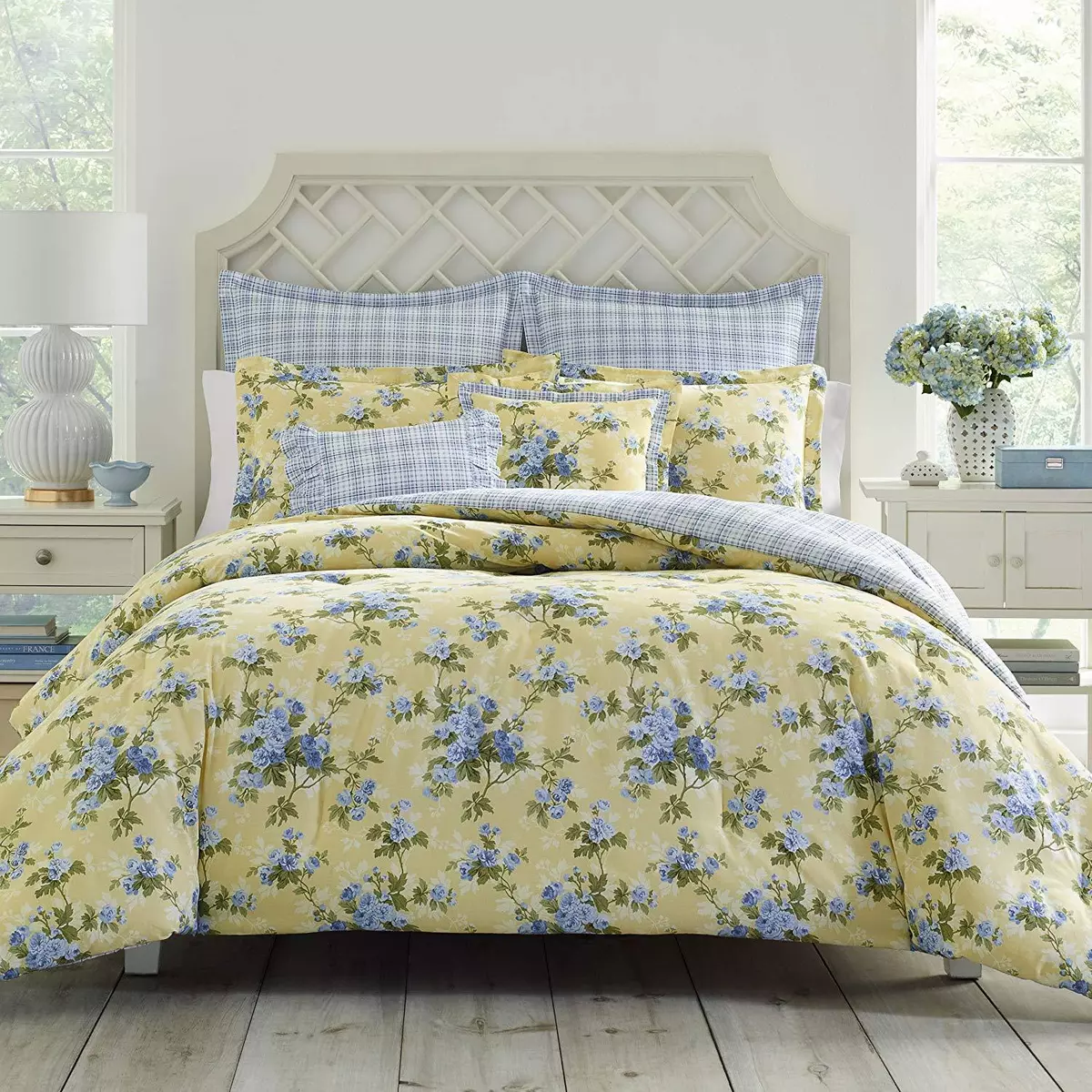 New 100 cotton Country Garden Yellow Blue Floral 7 pcs King Queen