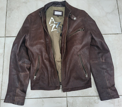 AZZARO Mens Brown Leather Jacket Size L Excellent 