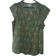 DR2 Women's Large Green Paisley Print Ruffle Cap Sleeve Blouse Modest Boho Motif