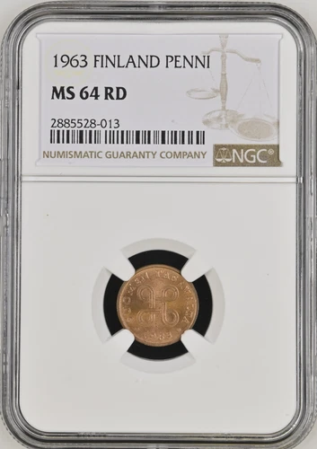 :1963 1-PENNI FINLAND NGC NEAR-GEM-BU MS64RD FOUR JOIN LOOPS RARE-R9 HIGH GRADES
