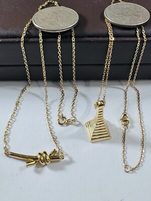 18K 750 Real Gold Two (2) Sets of Necklace Knot & Tower 16.5 /17.5  long 9.34g