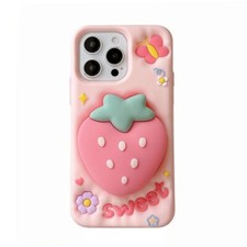 Custodia telefono silicone morbida rosa fragola 3D per iPhone 16 15 14 13 Pro Max