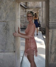 D.M. Sz Small Sheer Lace Tassel Fringe Pink Dress With Romper Liner View Photos!