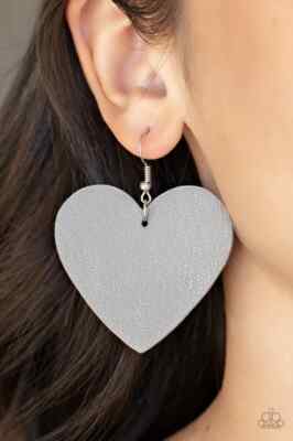 Paparazzi Earrings - Country Crush - Silver- Gray Heart Leather