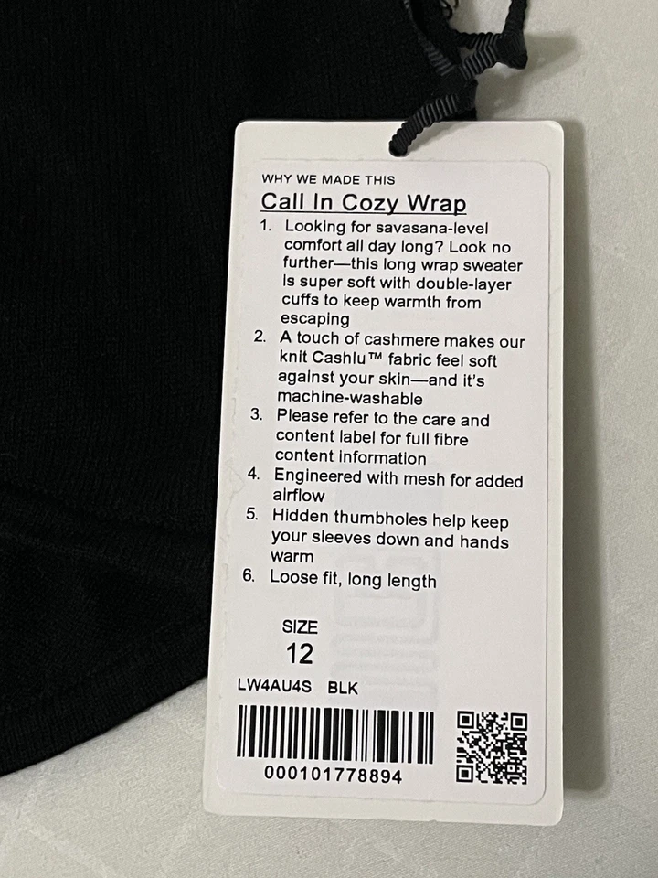 Acogedor abrigo Lululemon Call In para mujer talla 12 negro nuevo con etiquetas Foto 3 de 4