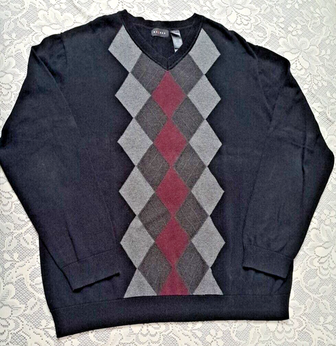 Axcess Sweater Men's XL Pullover V-neck Black Gray Burgundy Argyle Pre-owned