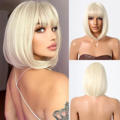 MISSWEN Layered Bleach blonde Bob Straight Cosplay Wigs With Bangs Synthetic Hair
