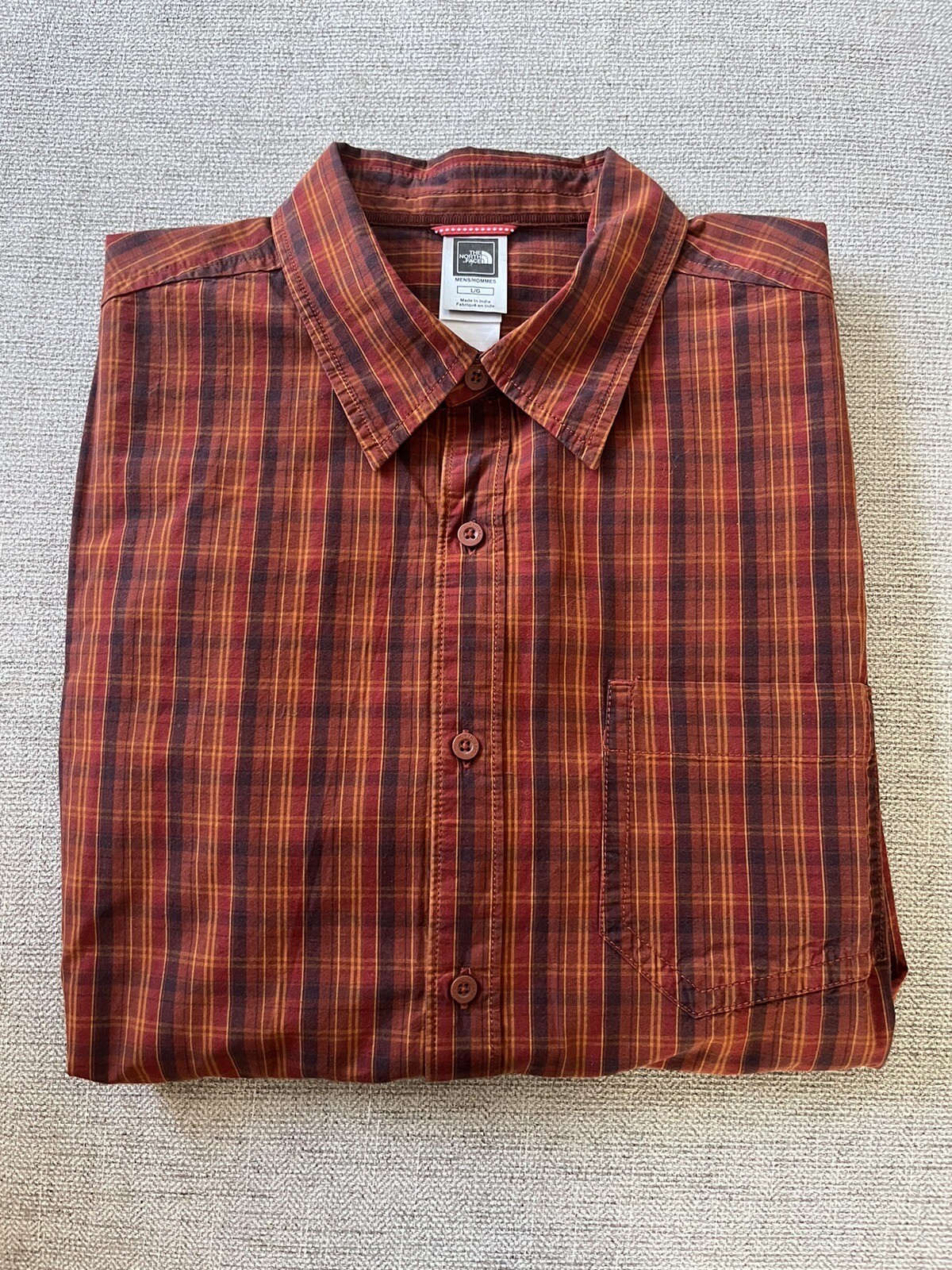 The North Face Men's Brown Orange Plaid Long Sleeve Button Down Shirt with Pocket