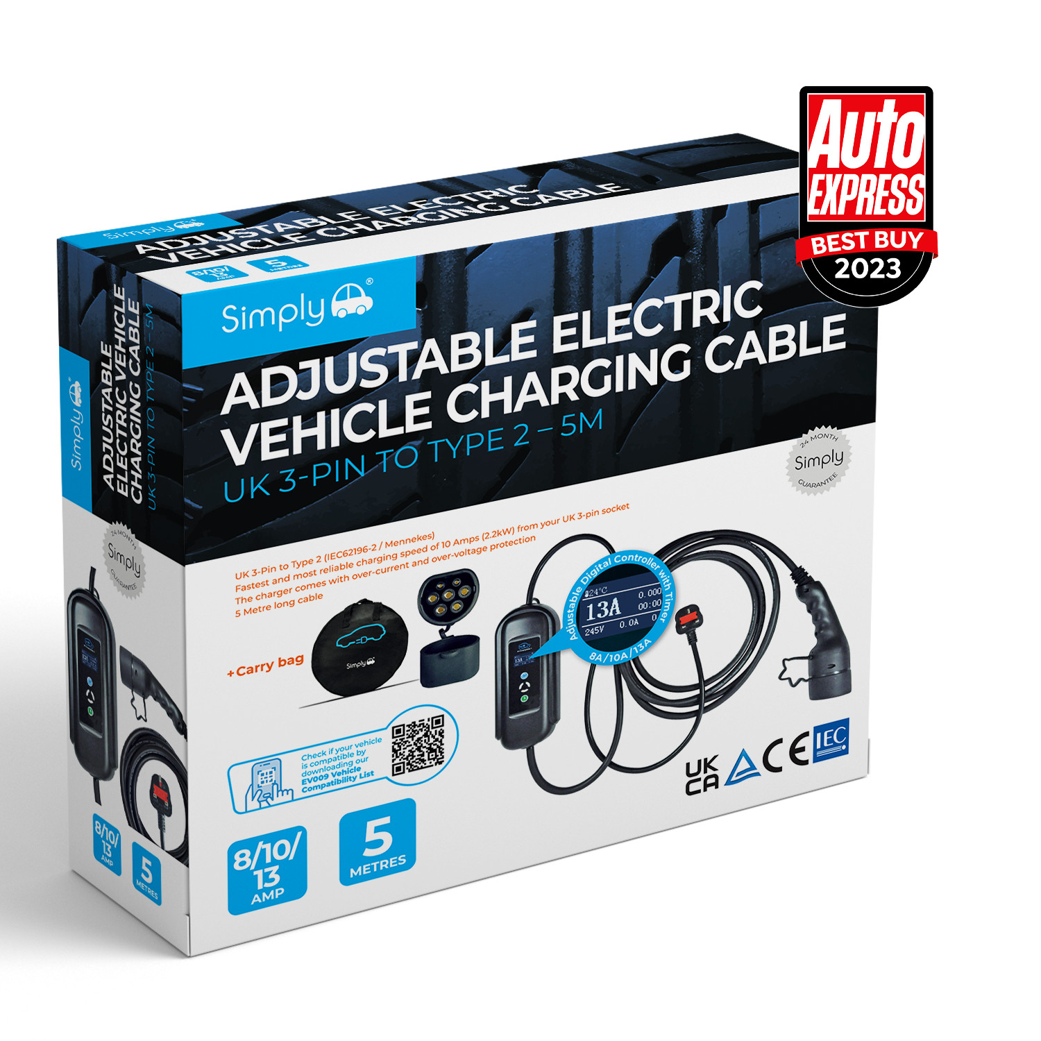 Simply Adjustable Electric Charging Cable UK 3PIN TO TYPE 2 5 METRES EV Charger