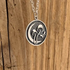 Moon Mushroom Pendant Necklace Sterling Silver Crescent Celestial Gothic Fairy
